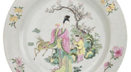 Thumbnail image of Chinese Famille Rose Goddess Magu Charger. Thumbnail image of Chinese Famille Rose Goddess Magu Charger.