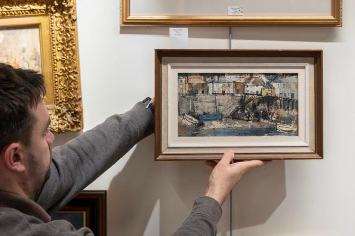 George Hammond Steel (British, 1900-1960), oil on board of Mousehole harbour at low tide, signed lower right. Sold at RWB Auctions in January 2026. George Hammond Steel (British, 1900-1960), oil on board of Mousehole harbour at low tide, signed lower right. Sold at RWB Auctions in January 2026.